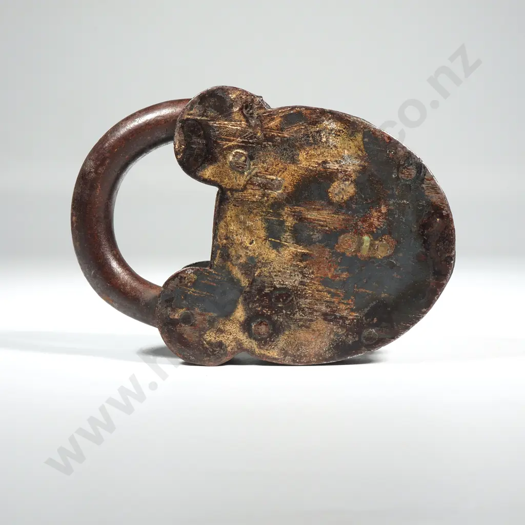 Victorian Padlock Marked w "VR" For Victoria Regina.An Early Padlock w A Hinged Lock Arm & Swinging Escutcheon Plate Image 1++