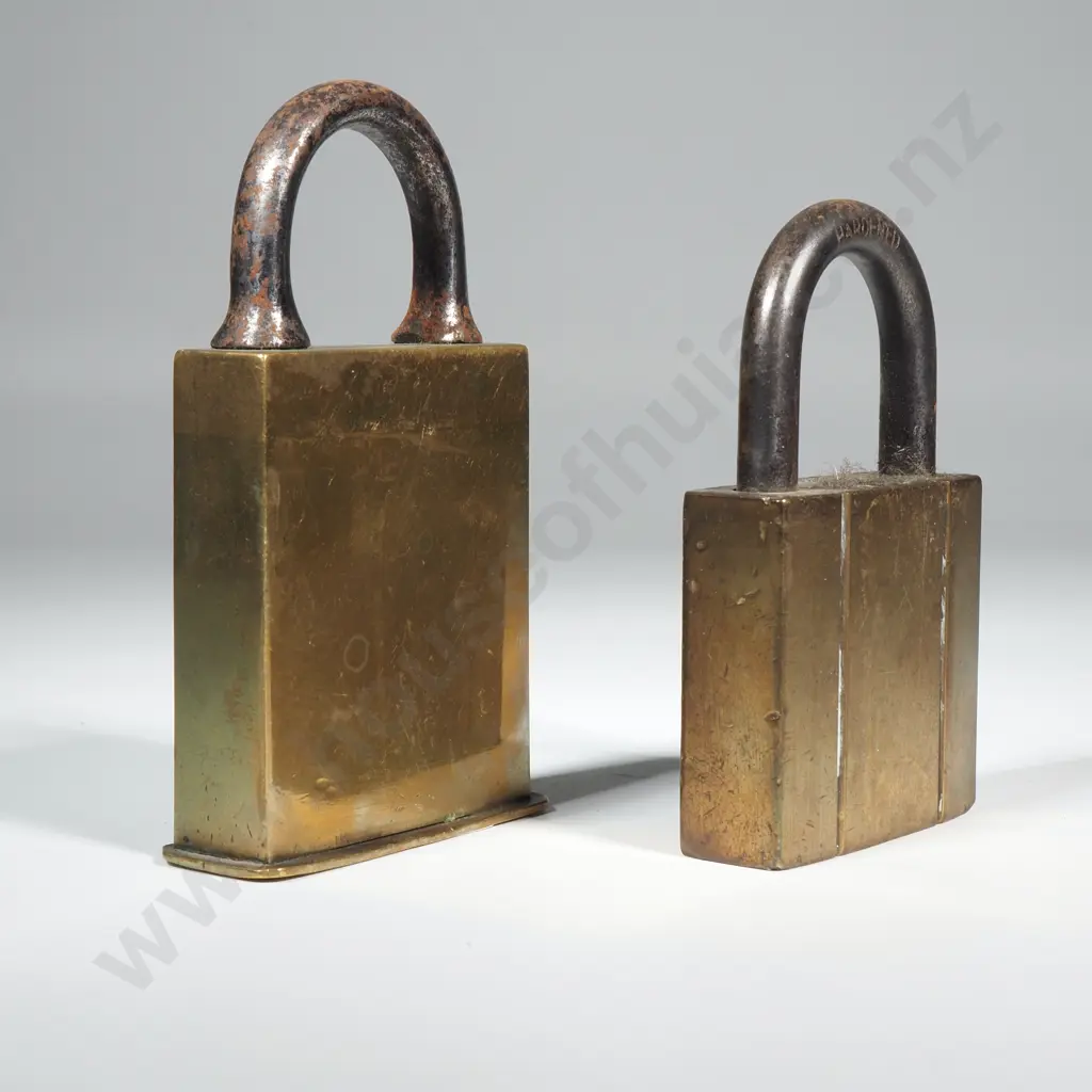 Two Heavy Vintage Square Box  Brass Padlocks w Steel Shackles. One Marked Yale  Image 1++