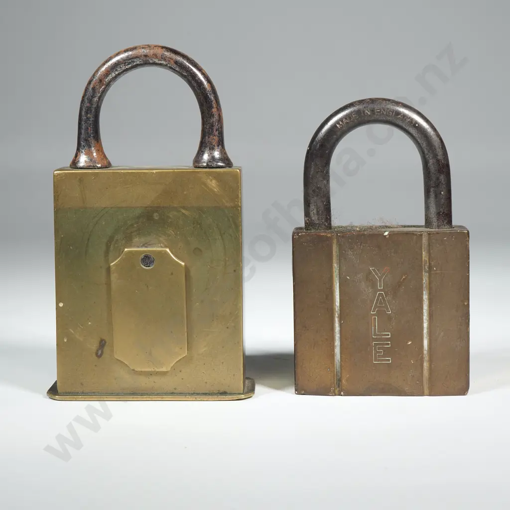 Two Heavy Vintage Square Box  Brass Padlocks w Steel Shackles. One Marked Yale  Image 1++