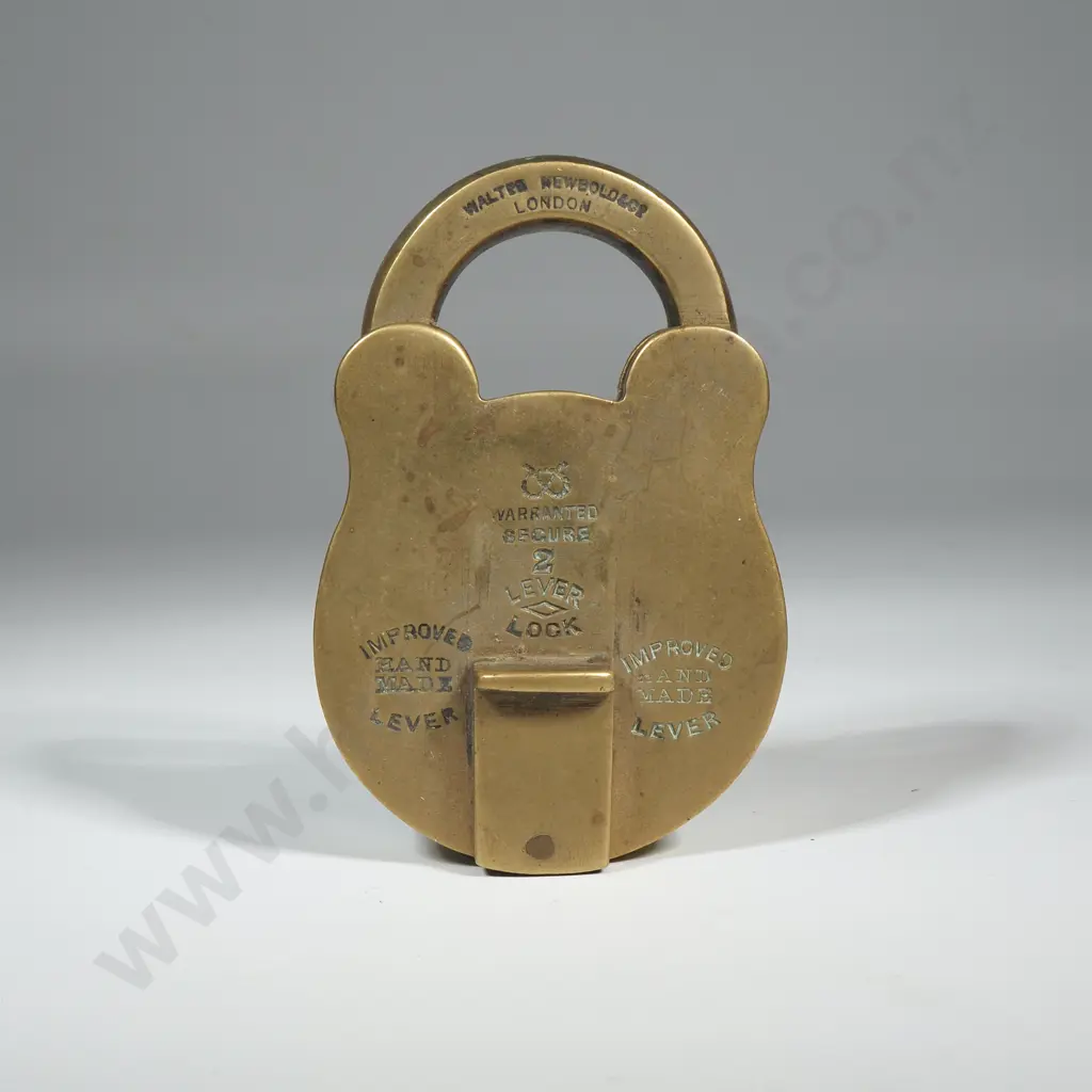 Vintage Brass Lever Padlock Made By Walter Newbold & Co. Of London. The Lock w Sliding Key Hole Cover Image 1++