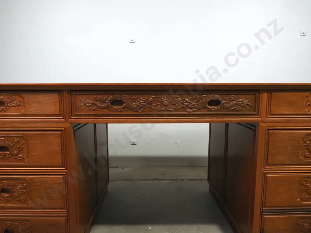 Vintage Chinese Rosewood Pedestal Desk Of Nine Drawers w Carved Dragon Handles Image 1++