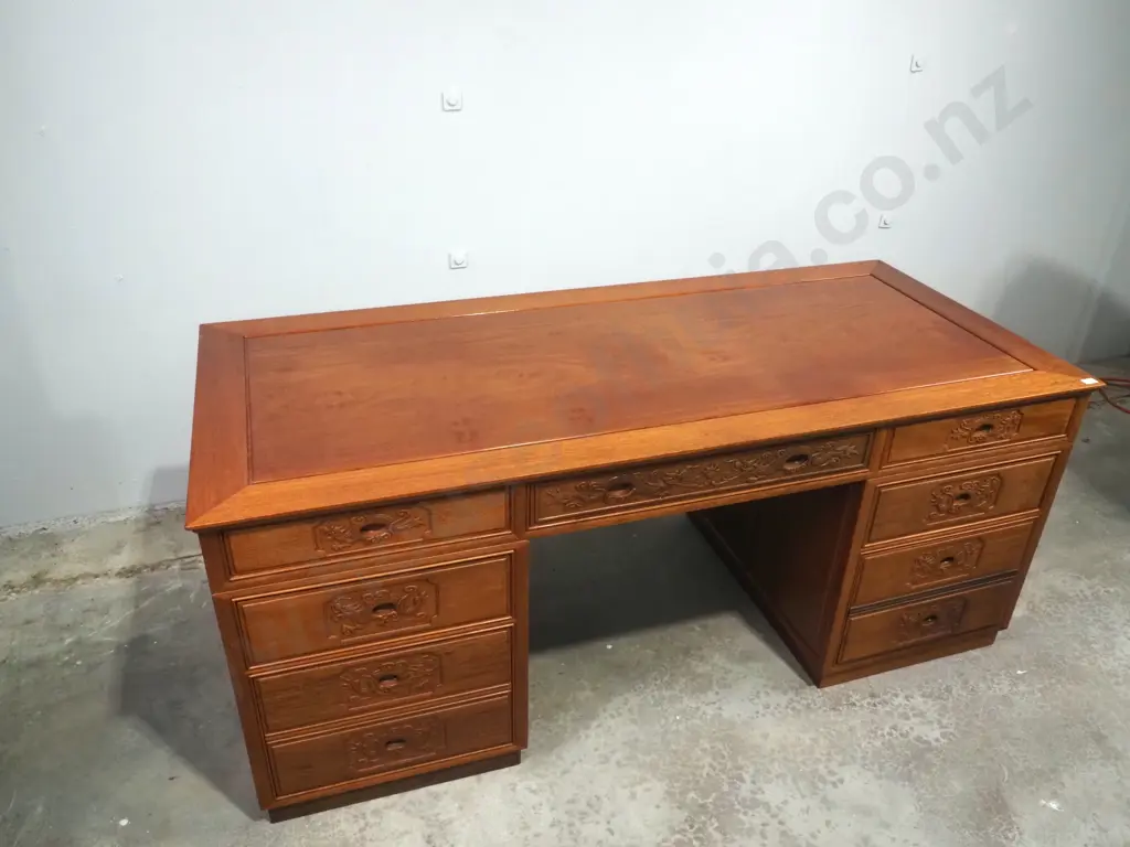 Vintage Chinese Rosewood Pedestal Desk Of Nine Drawers w Carved Dragon Handles Image 1++
