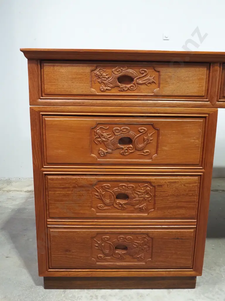 Vintage Chinese Rosewood Pedestal Desk Of Nine Drawers w Carved Dragon Handles Image 1++