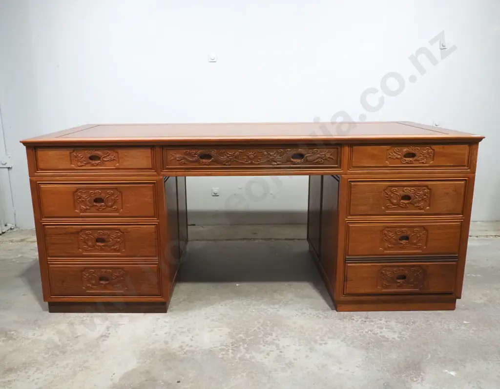 Vintage Chinese Rosewood Pedestal Desk Of Nine Drawers w Carved Dragon Handles Image 1++