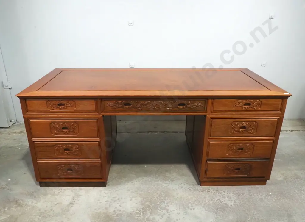 Vintage Chinese Rosewood Pedestal Desk Of Nine Drawers w Carved Dragon Handles Image 1++