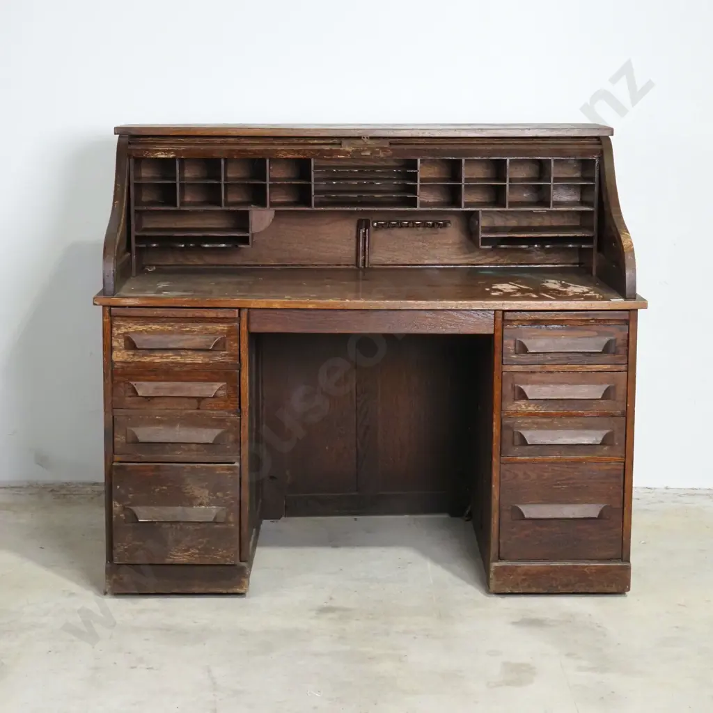 Vintage Oak Roll Top Pedestal Desk w Fitted Interior Image 1++