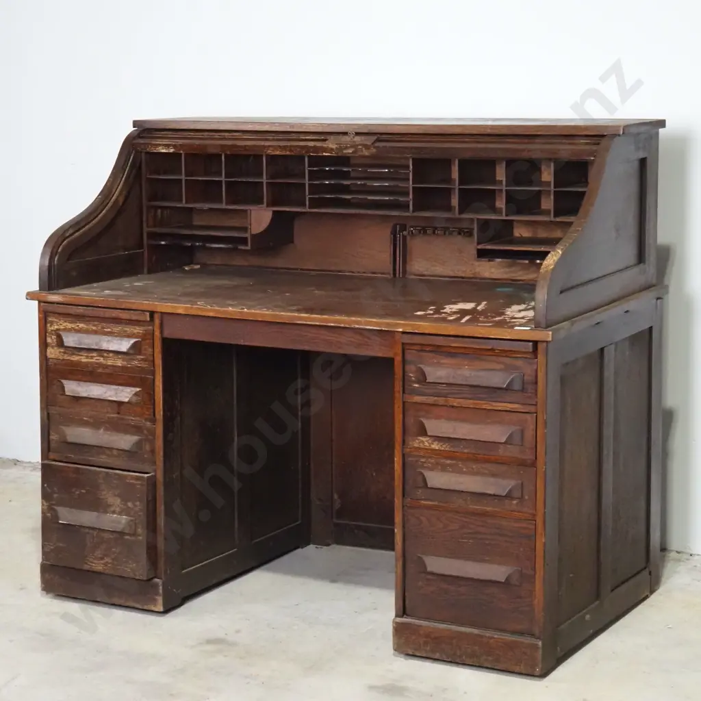 Vintage Oak Roll Top Pedestal Desk w Fitted Interior Image 1++