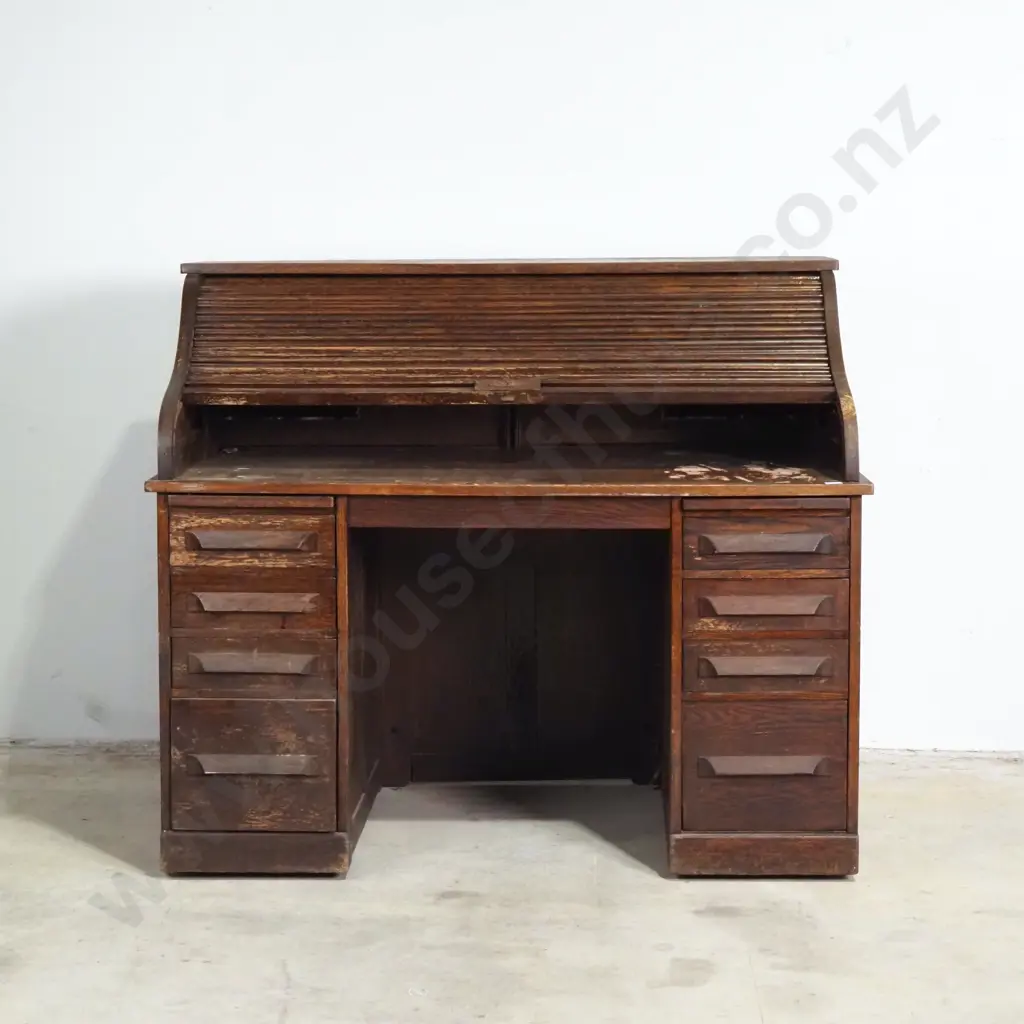 Vintage Oak Roll Top Pedestal Desk w Fitted Interior Image 1++