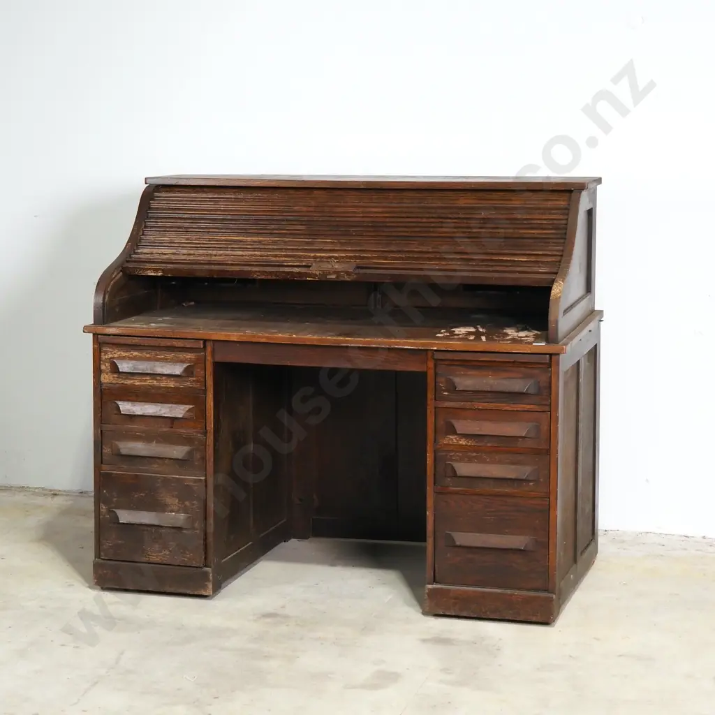Vintage Oak Roll Top Pedestal Desk w Fitted Interior Image 1++