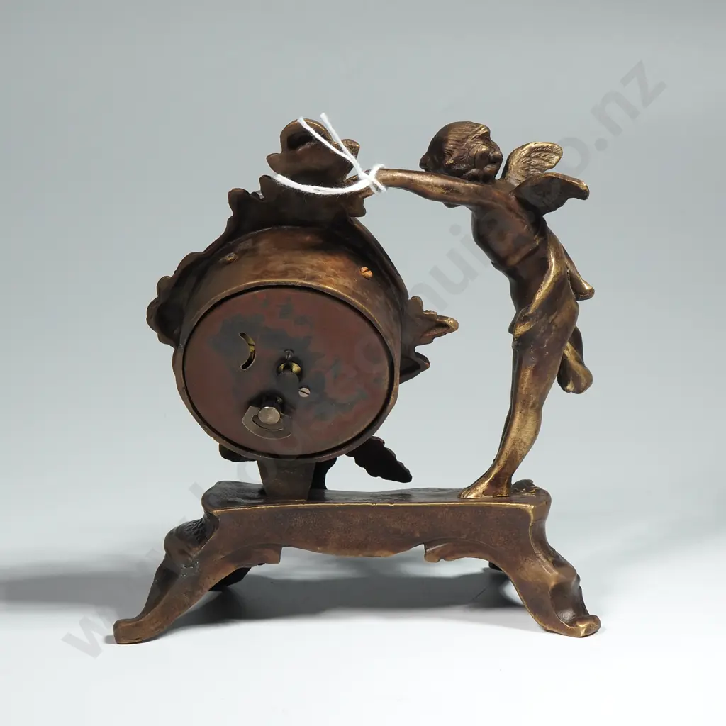 Bronze Coloured Vanity Clock w Cupid Figure & Porcelain Dial  Image 1++