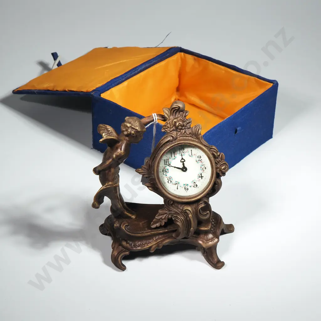 Bronze Coloured Vanity Clock w Cupid Figure & Porcelain Dial  Image 1++