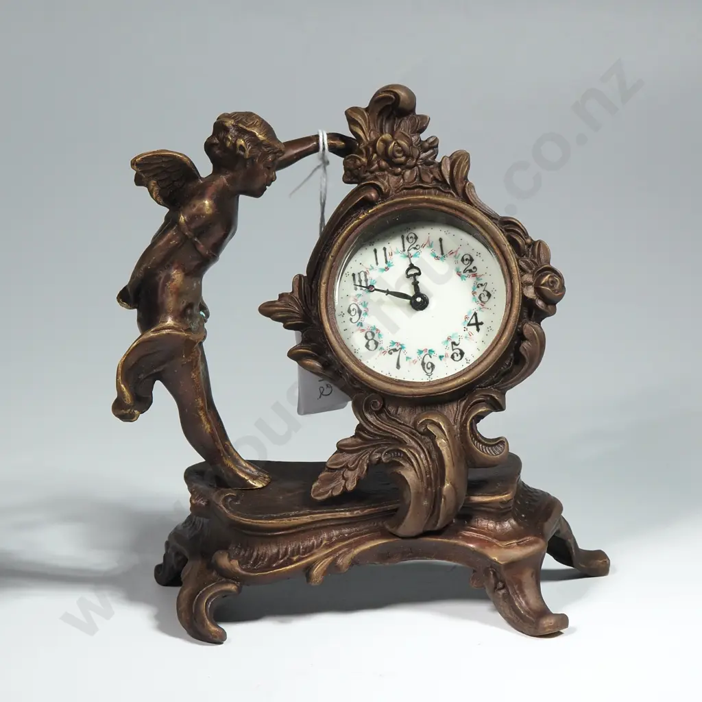 Bronze Coloured Vanity Clock w Cupid Figure & Porcelain Dial  Image 1++