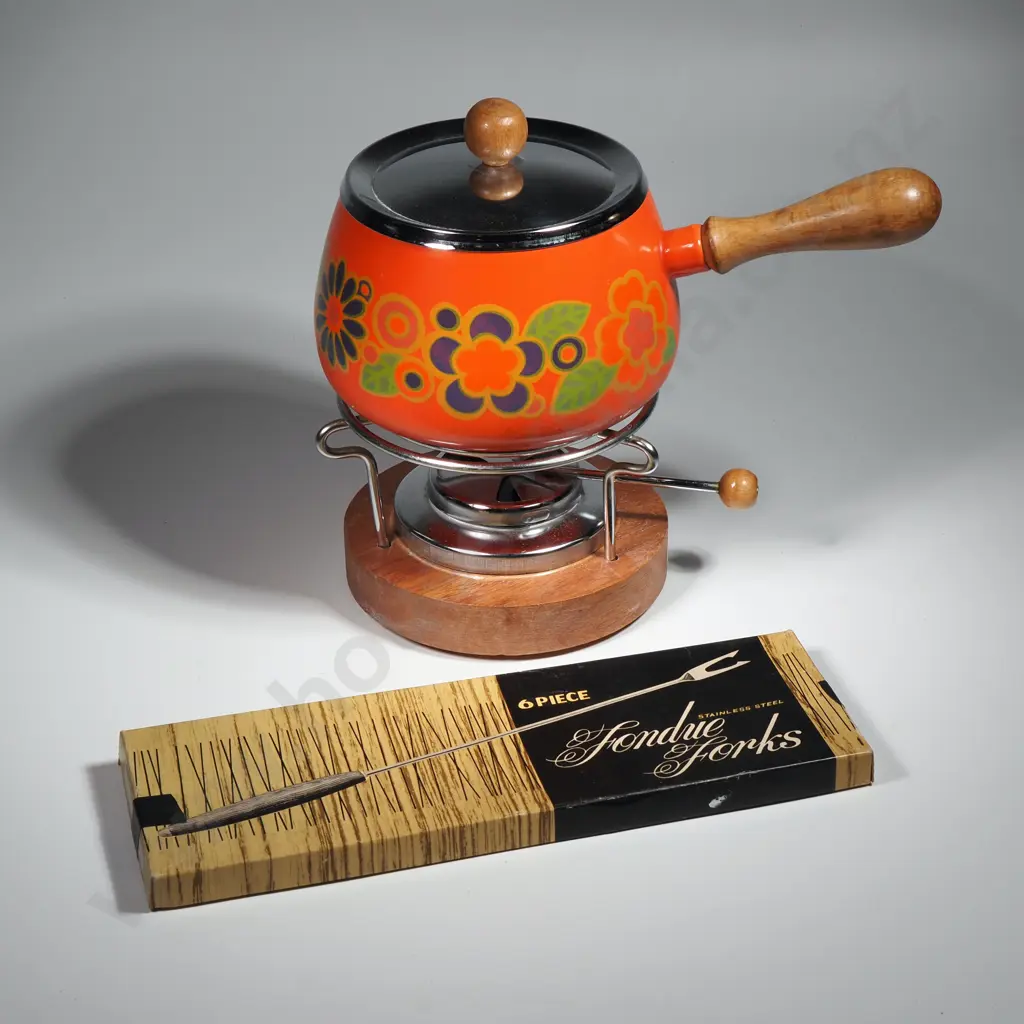 Vintage Fondu Set w Orange Enamelled Body Complete w Box Set of Six Fondu Forks Image 1++
