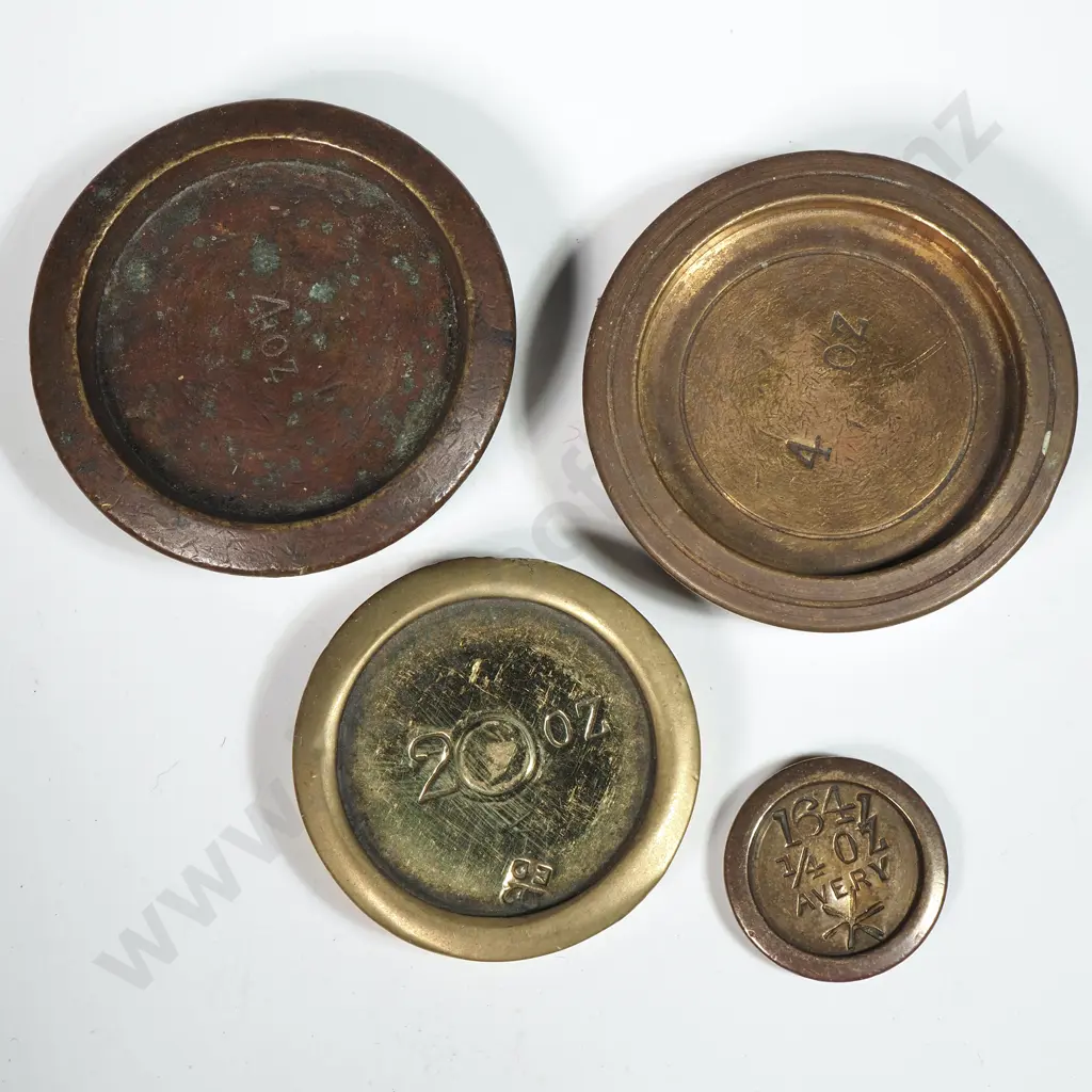Four Round  Antique Brass Weights. 2 x 4 Oz, 2 oz & 1oz  Image 1++