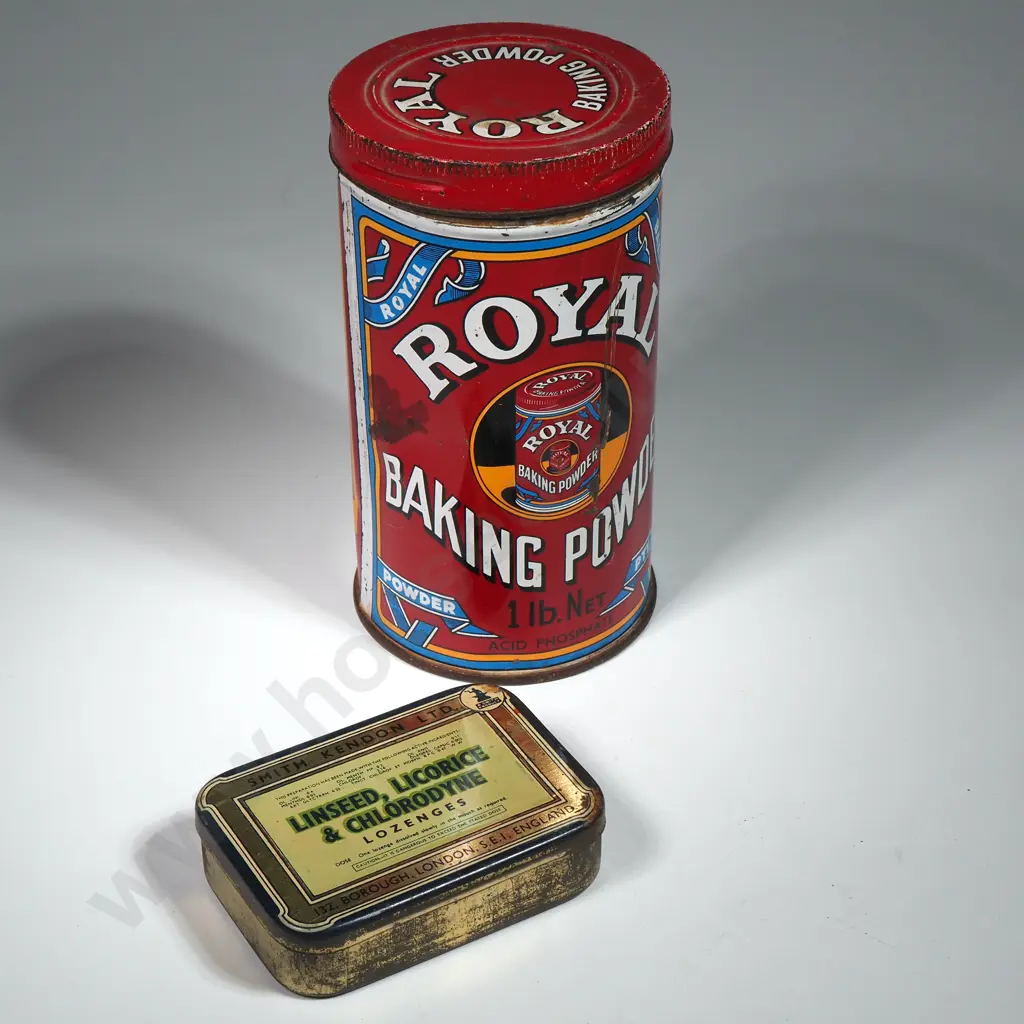 Two Vintage Tins - Royal Baking Powder 1LB Net & Smith Kendon Ltd Linseed, Licorice & Chlorodyne Lozenges  Image 1++