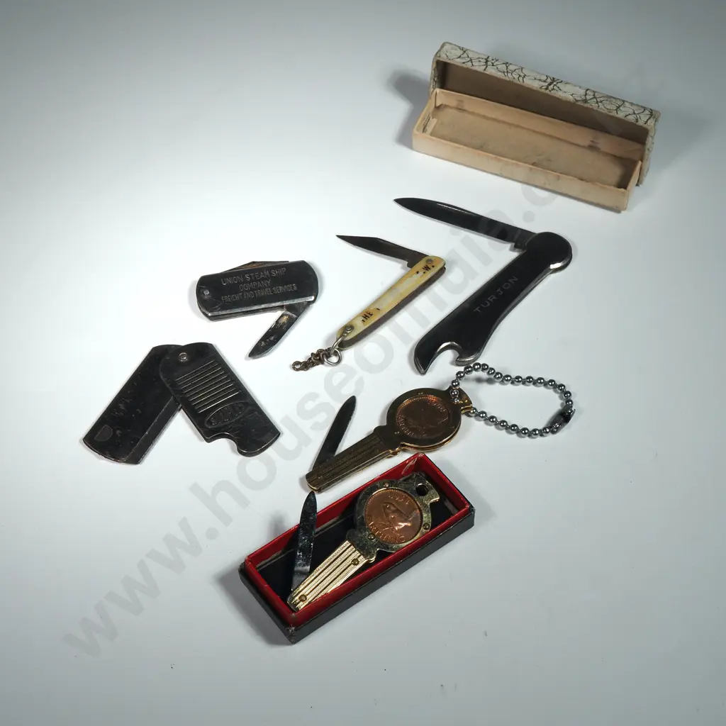Collection Of Vintage Pocket Knives Including One set w 1938 Farthing & 1951 Shilling, Union Steam Ship Co. Pocket Knife Image 1++