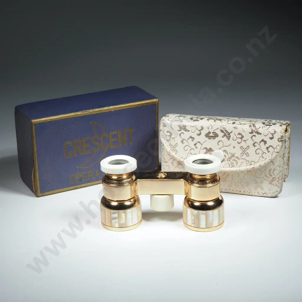 Vintage Crescent Pearlized Mother of Pearl Opera Glasses In Case & Original Box Image 1++