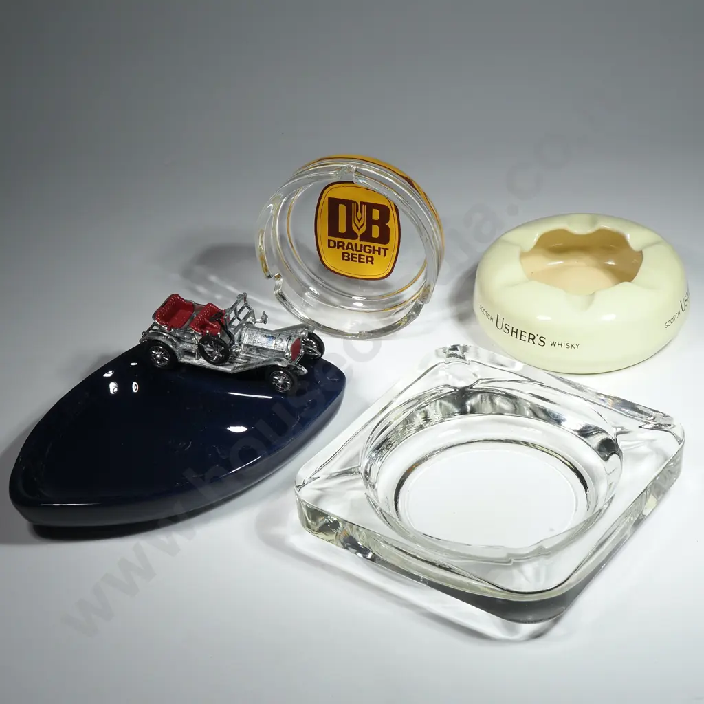 Blue Ceramic Ashtray w Model Car, Ushers Whisky Ceramic Ashtray & A DB Draught Glass Astray Image 1++