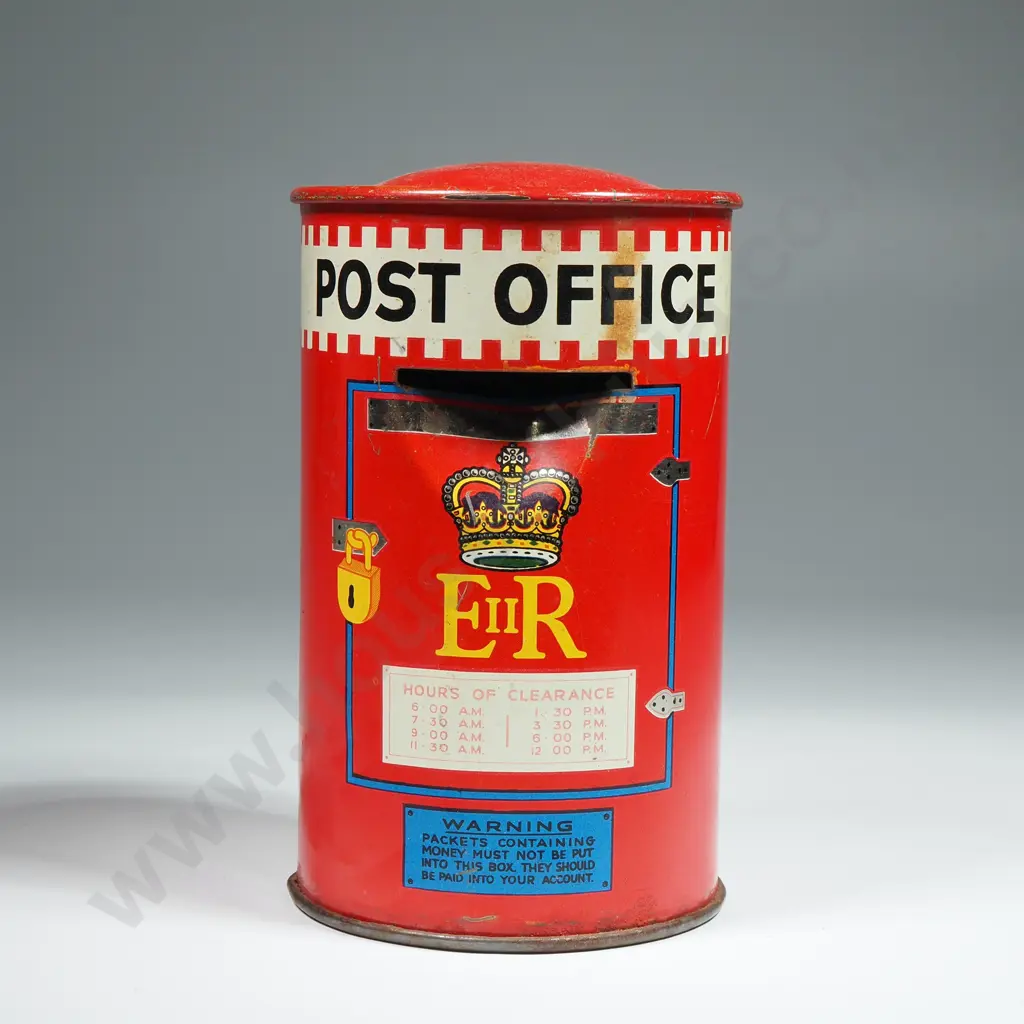 English Tin Money Box Shaped As A Red Pillar Box A.Harvey & Sons Image 1++