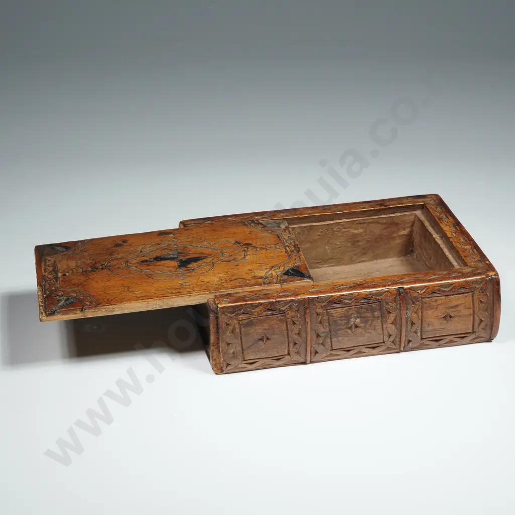 Antique Wooden Box In The Form Of a Book w Sliding Lid & Hand carved Decoration Image 1++