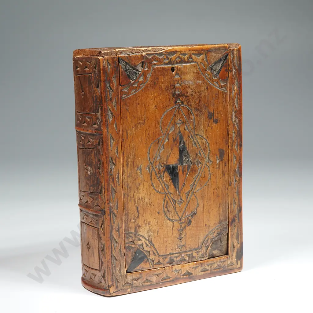 Antique Wooden Box In The Form Of a Book w Sliding Lid & Hand carved Decoration Image 1++