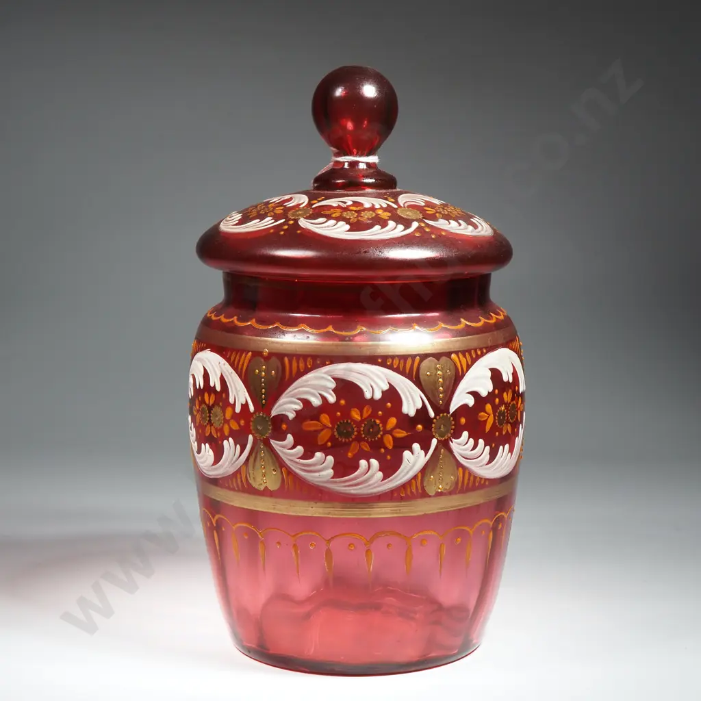 Antique Victorian Moser Cranberry Glass Biscuit Barrel w Enamel & Gilt Deoration  Image 1++