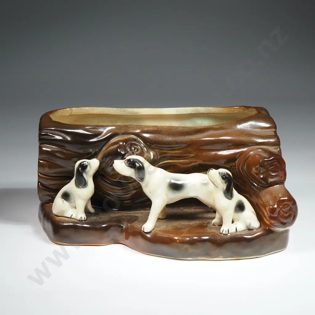 Vintage Ceramic Planter In The Form Of A Tree Trunk With Three Spaniel Dogs Image 1++