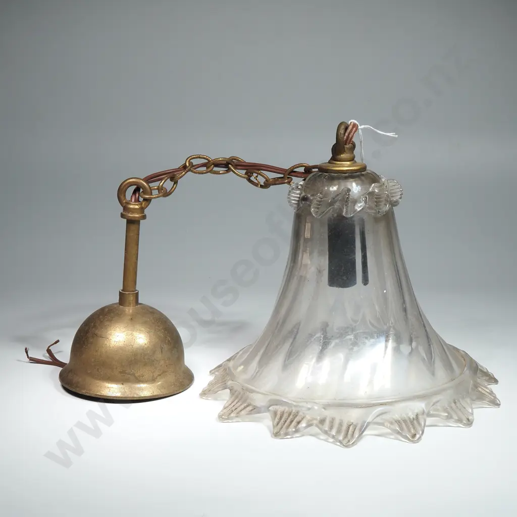 Vintage Clear &  Swirled Glass  Ceiling Lamp Shade w Brass Ceiling Fixtures Image 1++