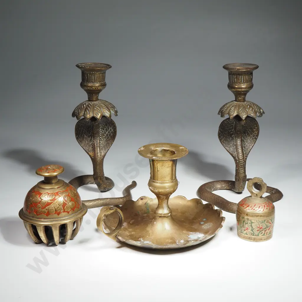 Benares Brass Figural Snake Candlesticks & Two Benares Brass Bells Image 1++