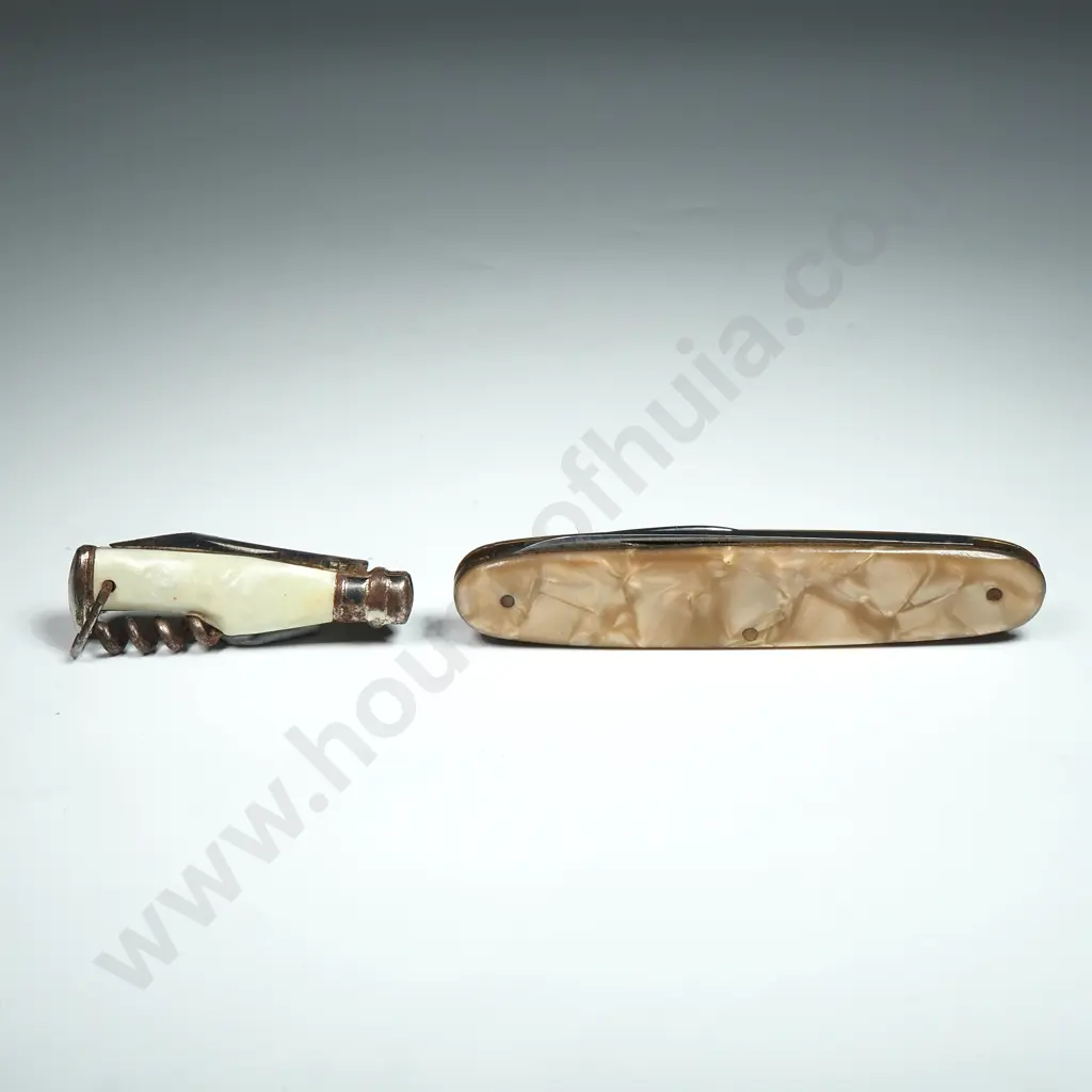 Two Vintage Faux Mother Of Pearl Pocket Knives. The Smaller w Cork Screw Image 1++