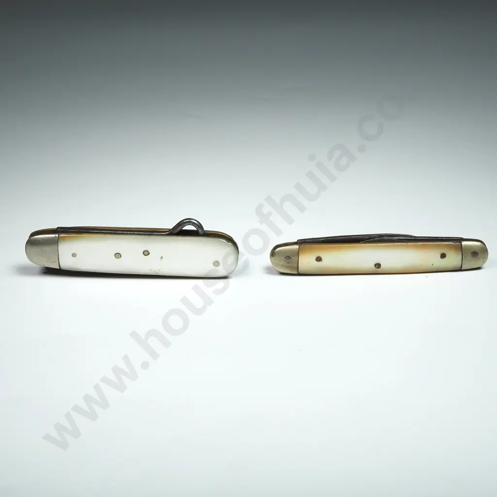 Two Mother Of Pearl Handled Vintage Pocket Knives. One Containing A Glove Hook Image 1++