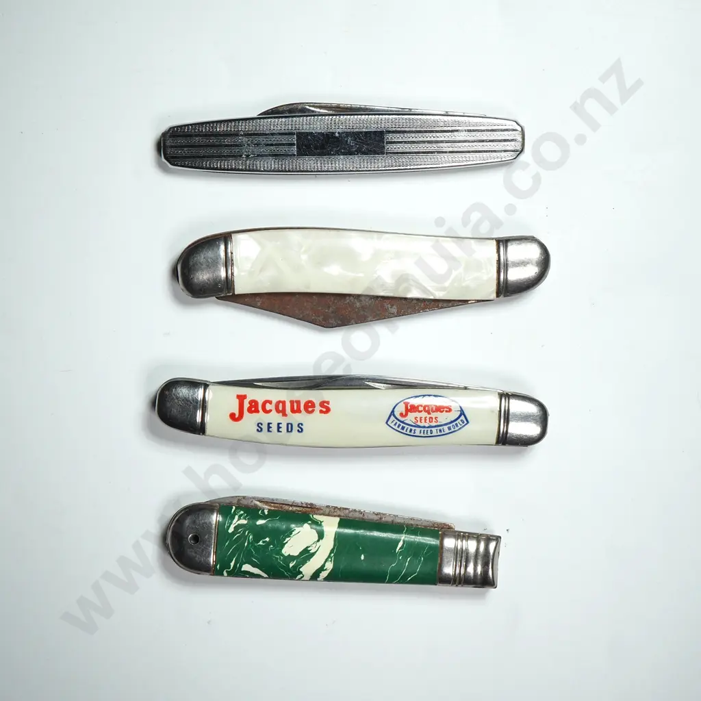 Four Vintage Pocket Knives Including One Advertising Jacques Seeds Image 1++