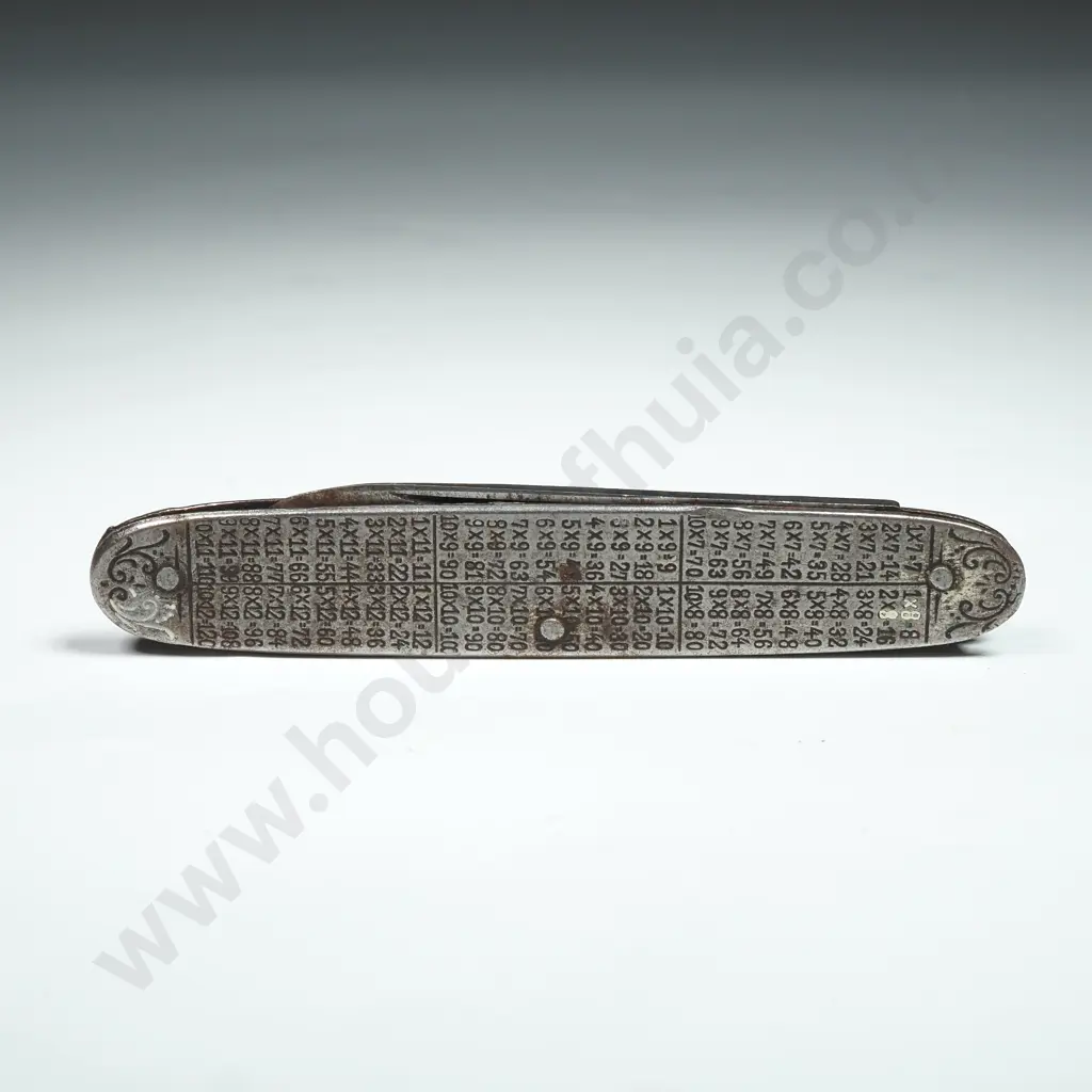 Vintage Metal Pocket Knife w Multiplication Table On Handle Image 1++