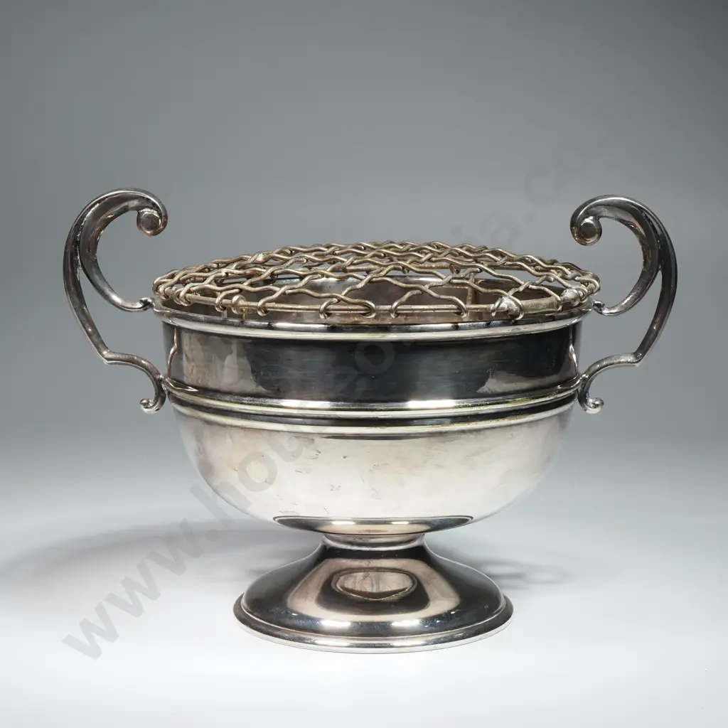 Silver Plated Rose Bowl w Scroll Handles & Complete w Grill Image 1++