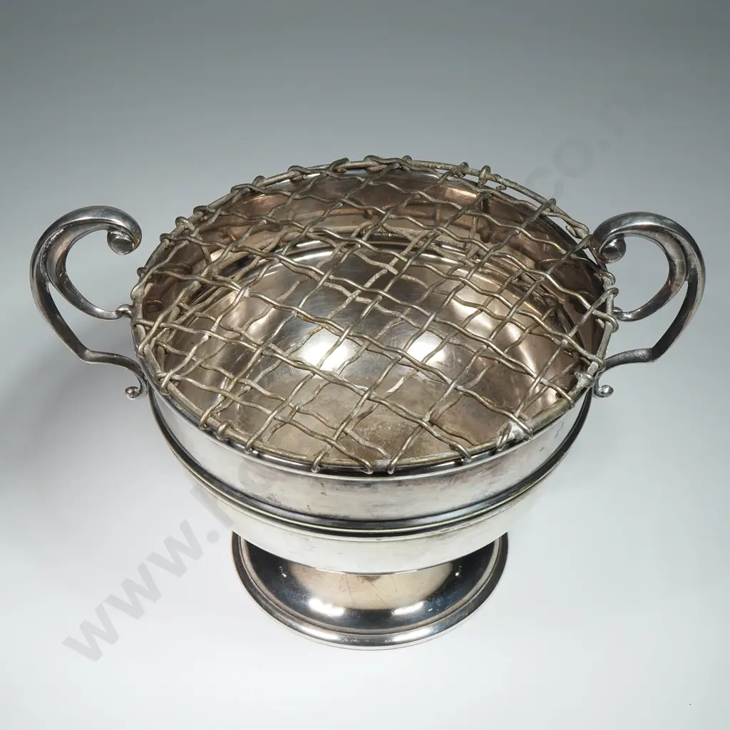 Silver Plated Rose Bowl w Scroll Handles & Complete w Grill Image 1++