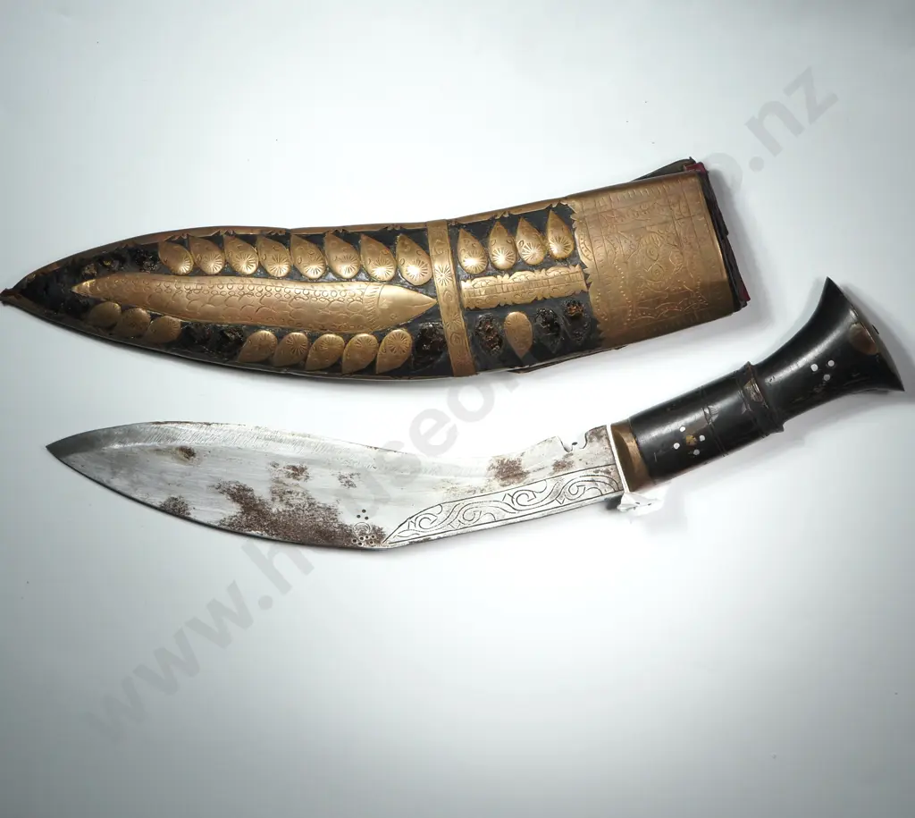 Vintage Kukri Dagger W An Ornate Sheath W Applied Brass To Scabbard Including Leaf Motifs & a Fish Image 1++