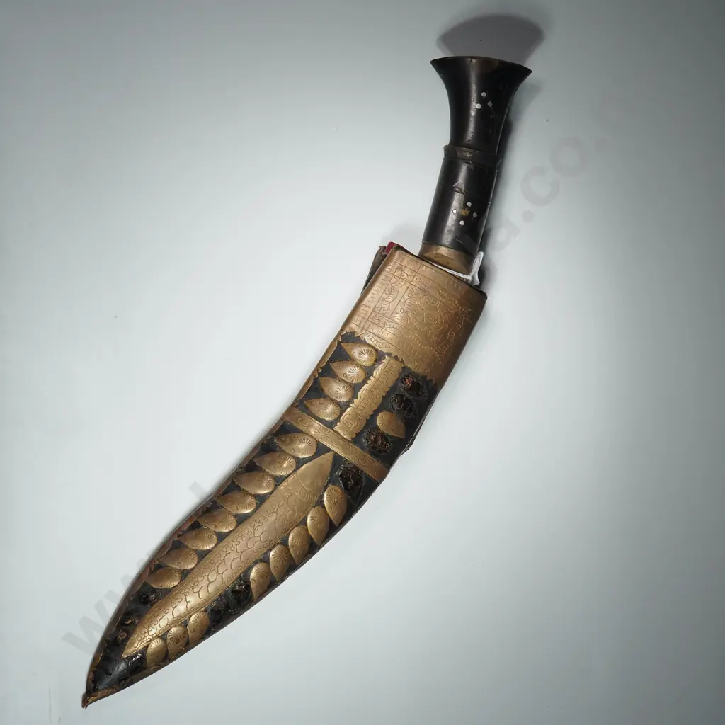 Vintage Kukri Dagger W An Ornate Sheath W Applied Brass To Scabbard Including Leaf Motifs & a Fish Image 1++
