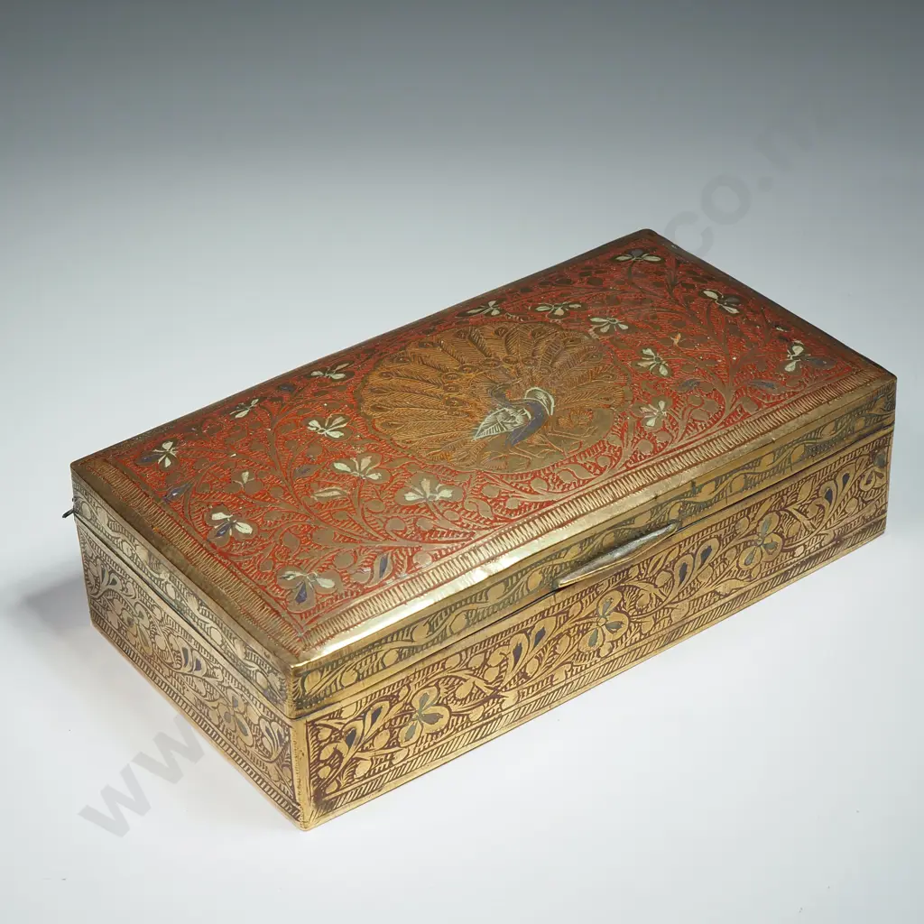 Vintage Benares Brass Cigar/Cigarette Box Containing Keys & A Lock Image 1++