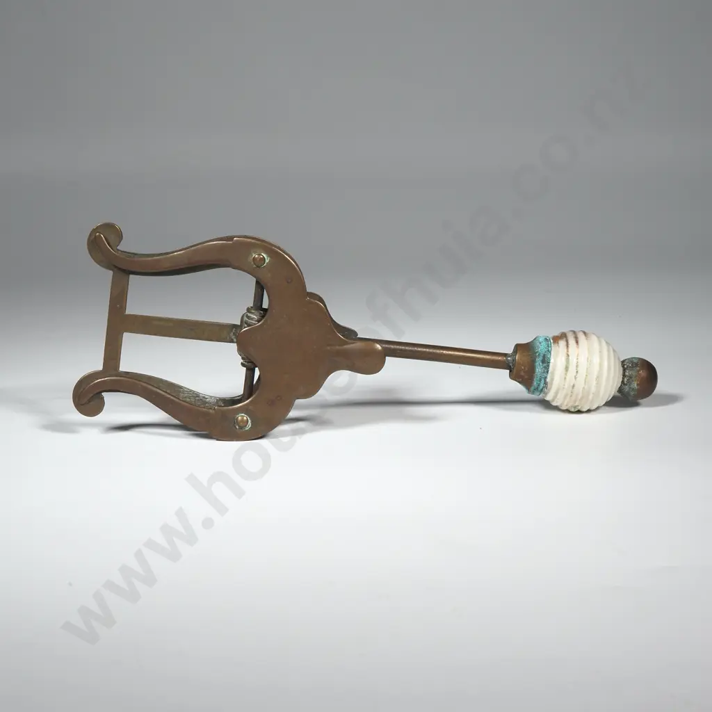 Large Brass Paper Clip In The Form Of A Lyre With Porcelain Finial  Image 1++