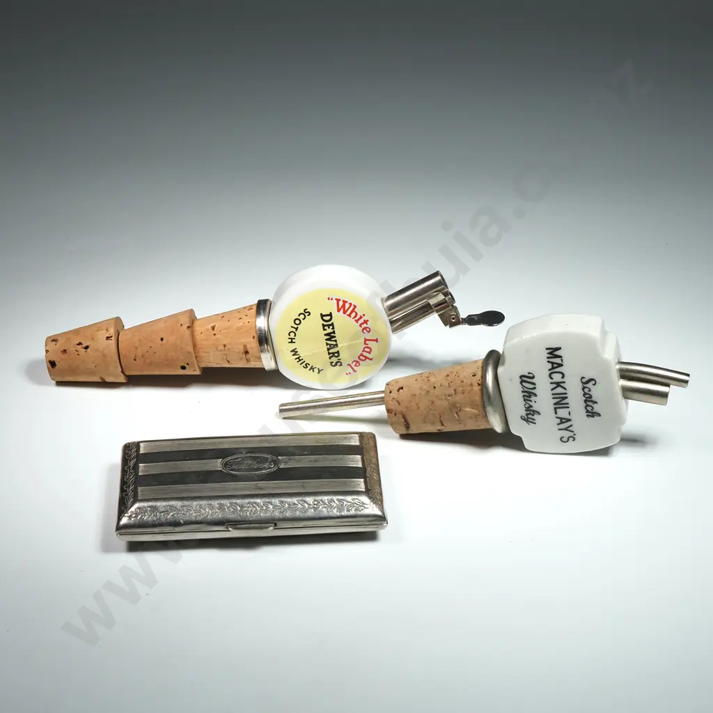 Vintage Bottle Pourers For Mackinlays Scotch Whisky & Dewars White Label & an EP ' Teachers' Cigarette Case Image 1++