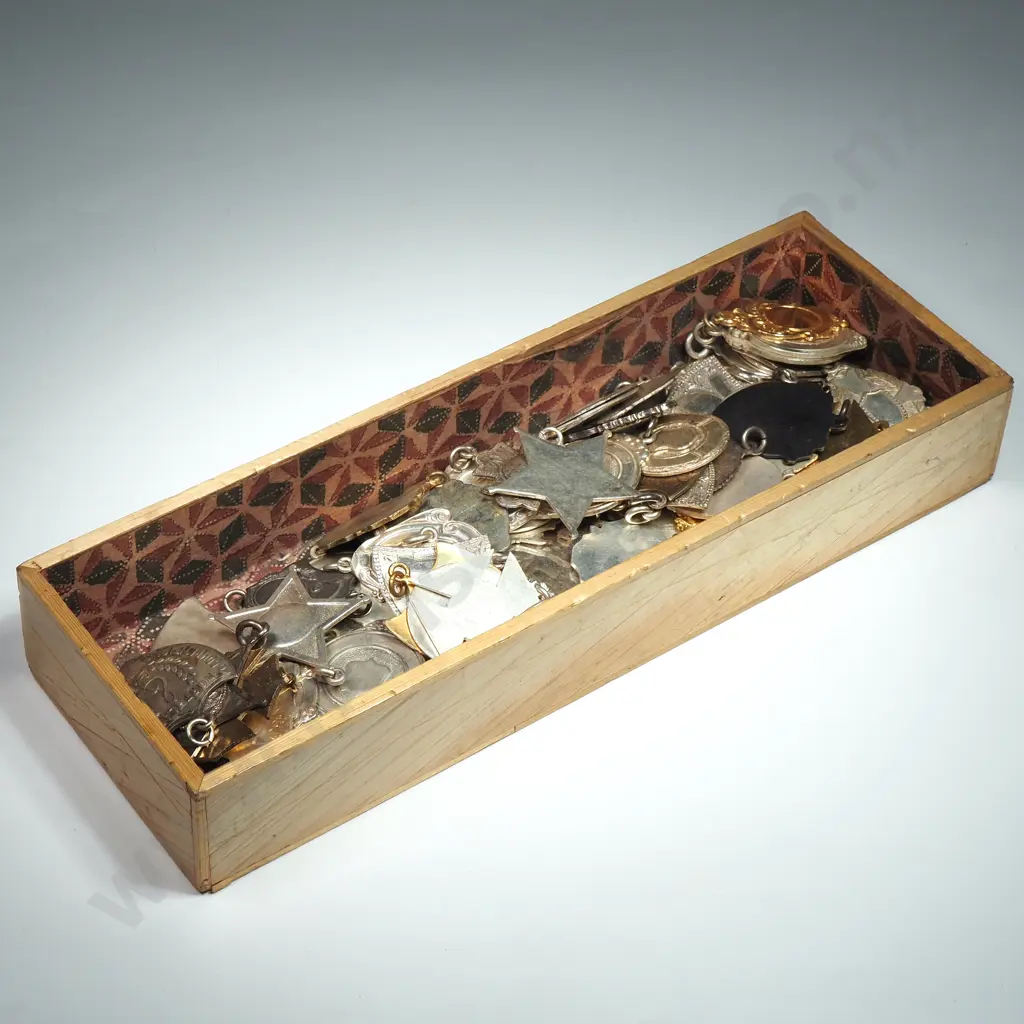 Large Quantity Of Silver Plate & Gilt Prize Fobs. Uninscribed. In Wooden Tray Image 1++