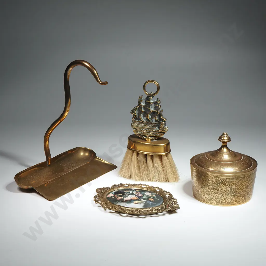 Brass Hearth Brush & Shovel, Indian Brass Lidded Bowl & A Miniature Brass Frame Floral on Silk Image 1++