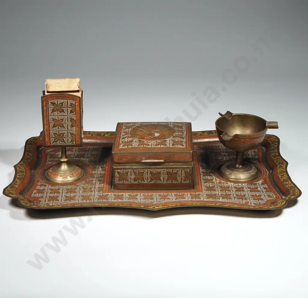 Benares Brass Companion Set Comprising Tray w Ashtray, Matchbox Holder & Cigarette Box Image 1++