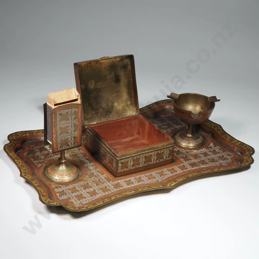 Benares Brass Companion Set Comprising Tray w Ashtray, Matchbox Holder & Cigarette Box Image 1++