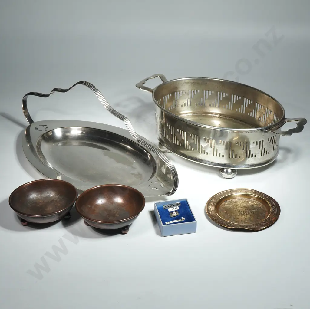 12 Cultured Pearl Tie Tac, Two Silver Plated Items, Small Brass Dish & Two Small Copper Bowls Image 1++