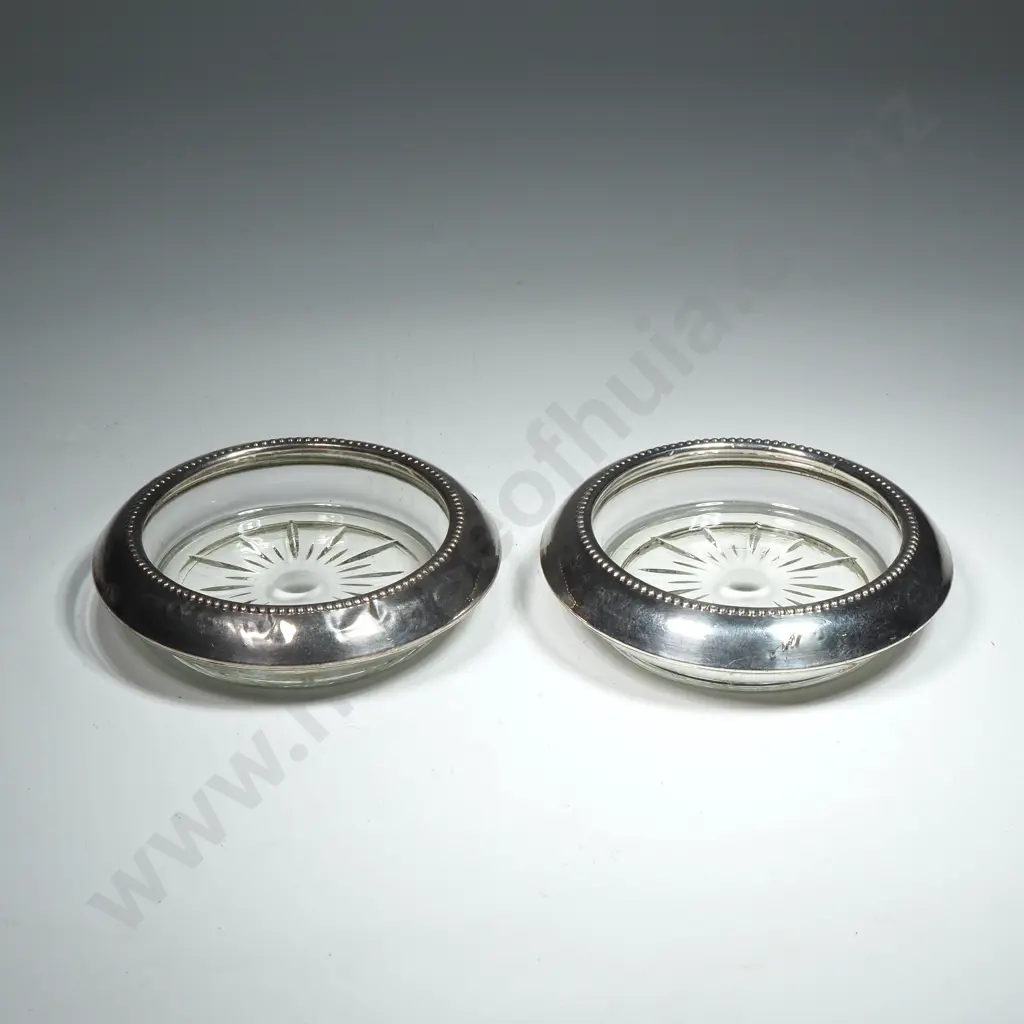 Pair of Butter Dishes w Sterling Silver Rims Image 1++