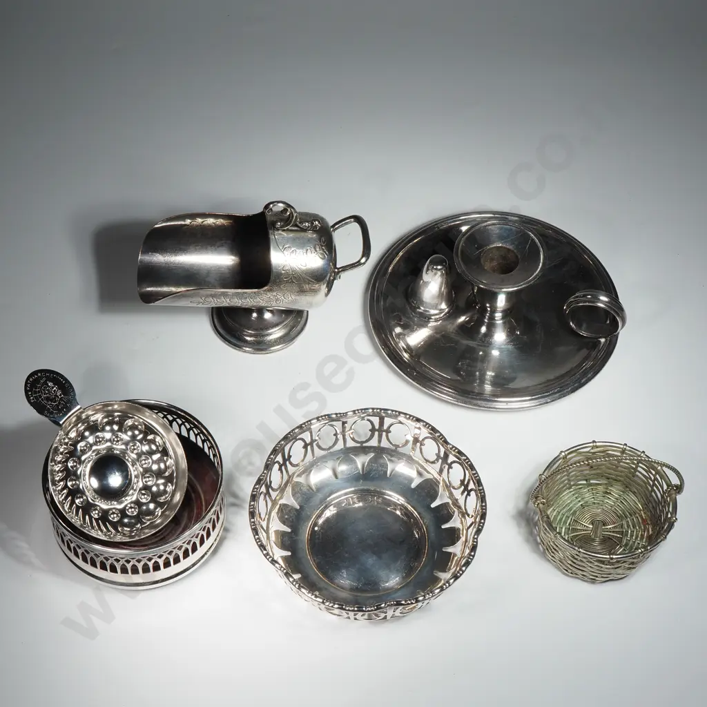 Quantity of Silver Plate Including Wee Willie Winkie Candlestick, Sugar Scoop, Wine Coaster, Pierced  Dish & Basket Image 1++