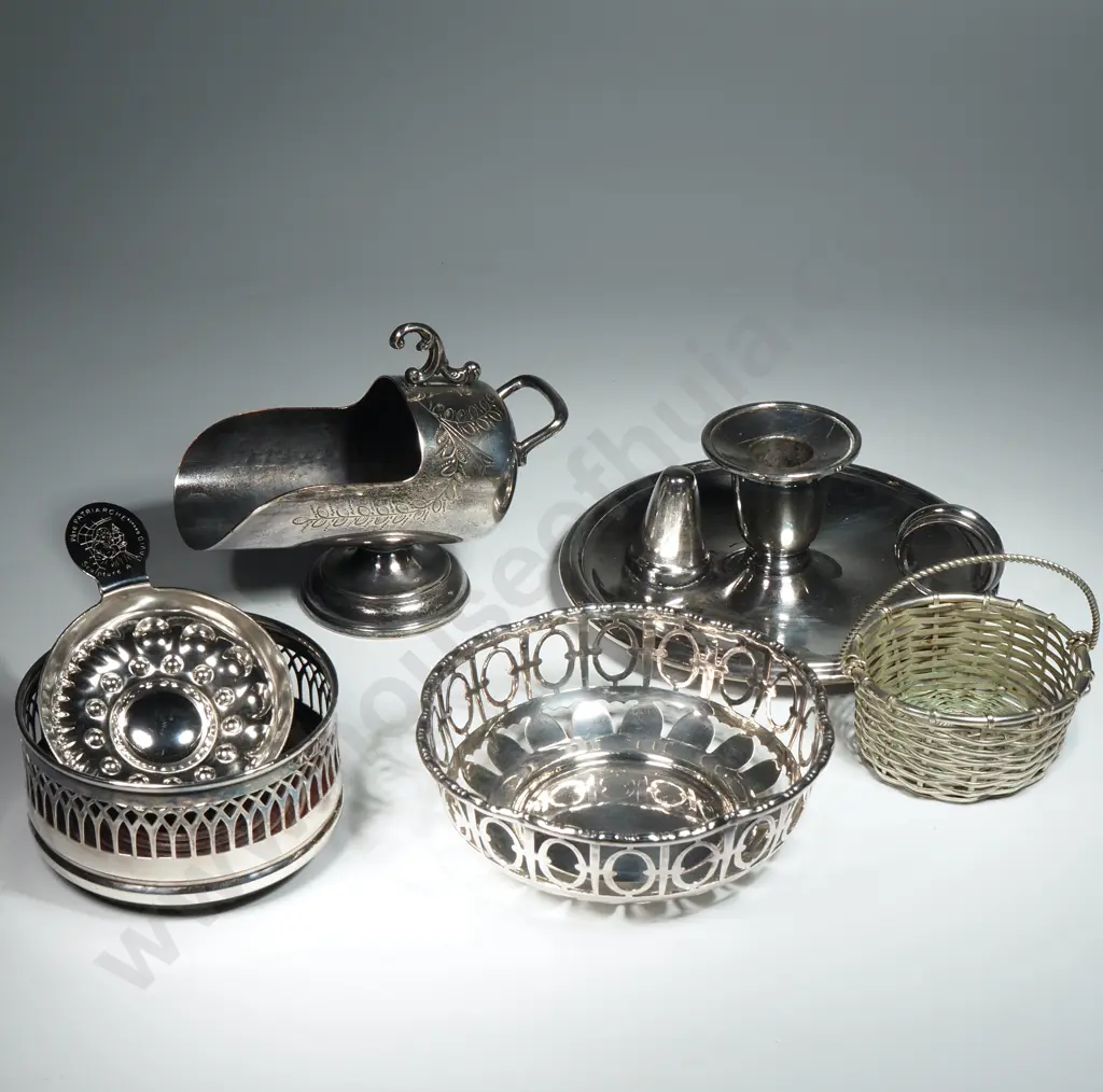 Quantity of Silver Plate Including Wee Willie Winkie Candlestick, Sugar Scoop, Wine Coaster, Pierced  Dish & Basket Image 1++