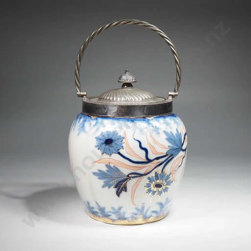 Antique English Imari Coloured Pottery Biscuit Barrel with S/P Lid Image 1++