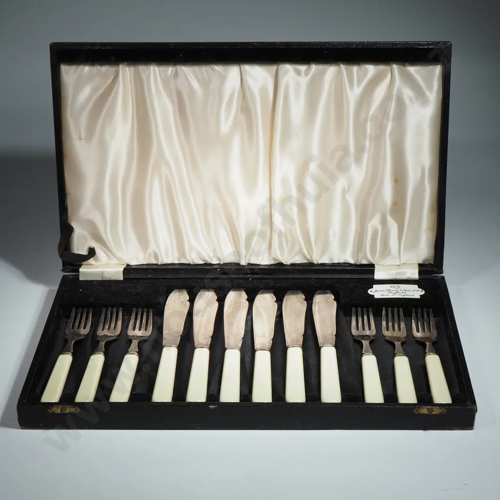 Boxed Silver Plate Fish Knives & Forks w Bone Handles Image 1++